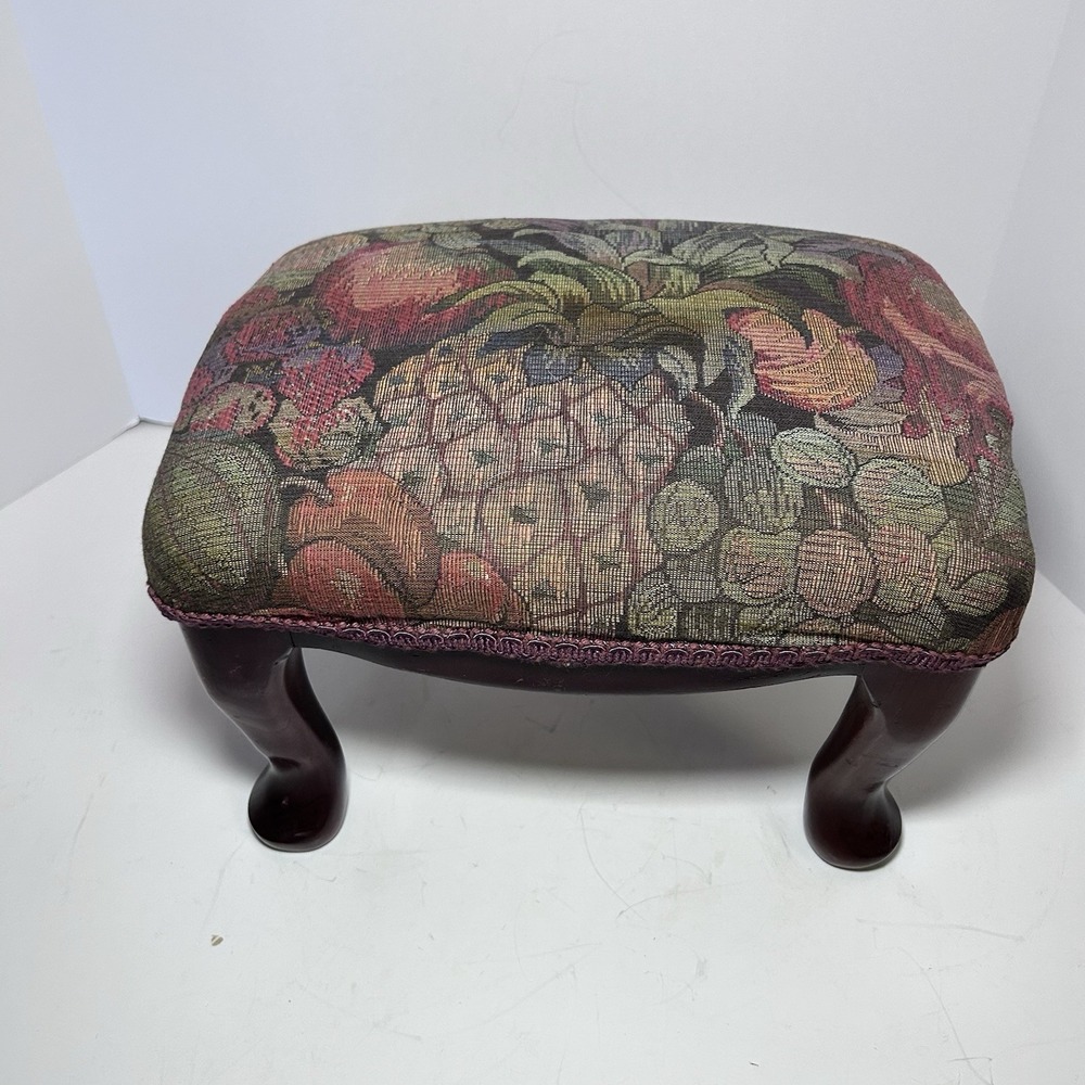 Antique Floral And Fruit Tapestry Style Footstool Dark Wood Cabriole Style Legs